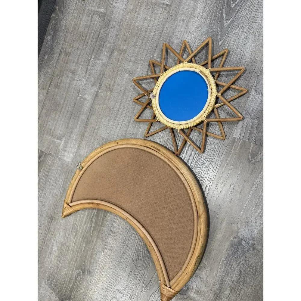 Vintage Crescent Moon Mirror Rattan 17”long Boho & 12” Sun